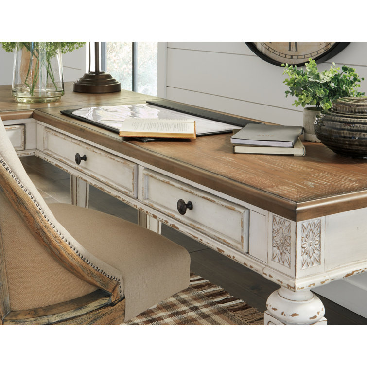 White and Distressed Wood L-Shaped Desk with Drawer and USB Port
