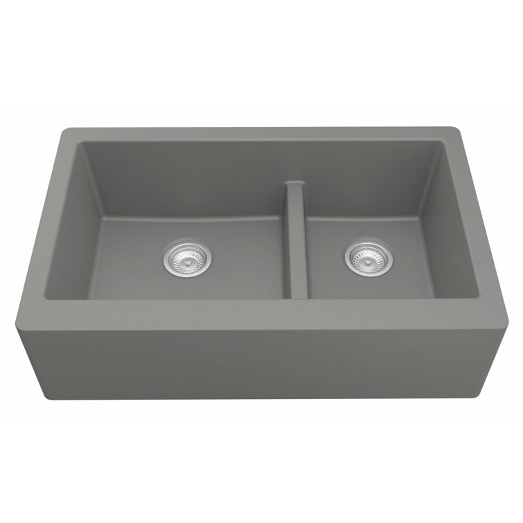 Gray Quartz 34'' Double Bowl Farmhouse Kitchen Sink Kit