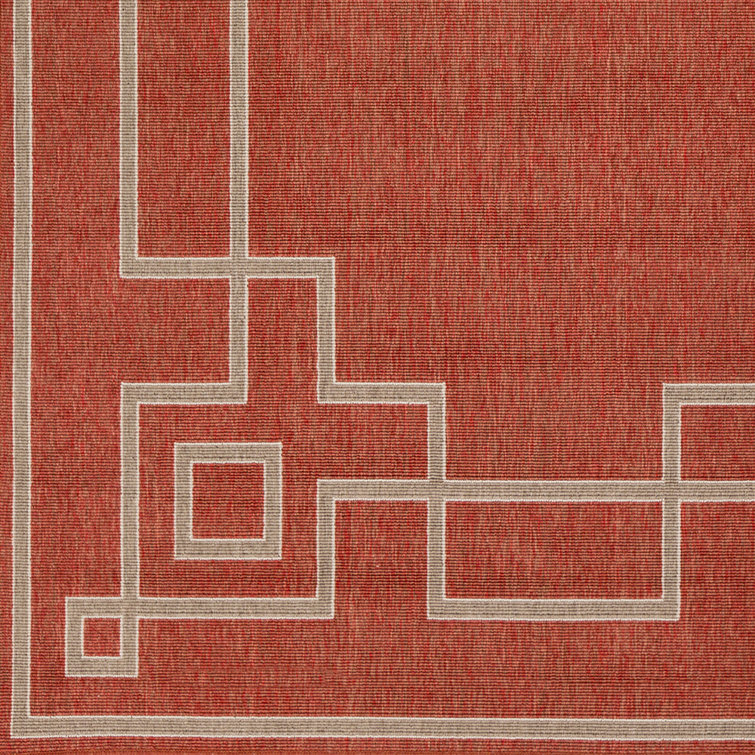 Rust Red and Beige Square Olefin Outdoor Rug 7'3"