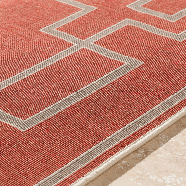 Rust Red and Beige Square Olefin Outdoor Rug 7'3"