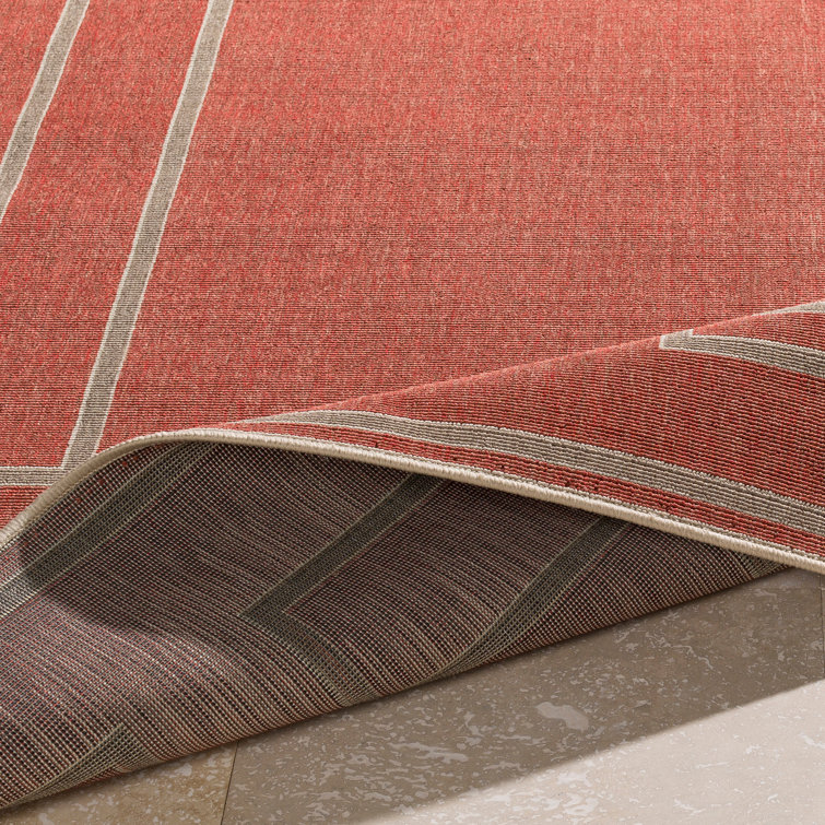 Rust Red and Beige Square Olefin Outdoor Rug 7'3"