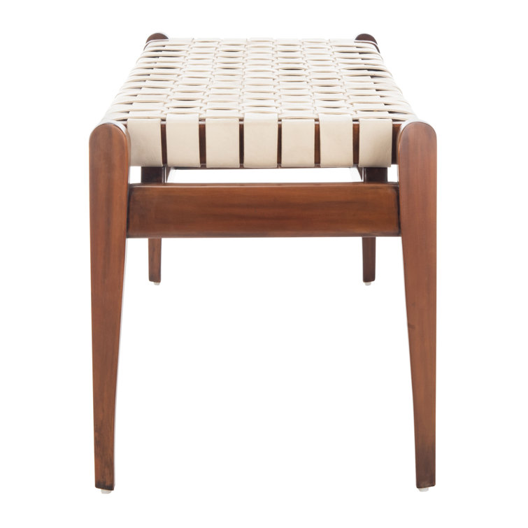 Dilan Sophisticated White Genuine Leather Bench with Mahogany Frame