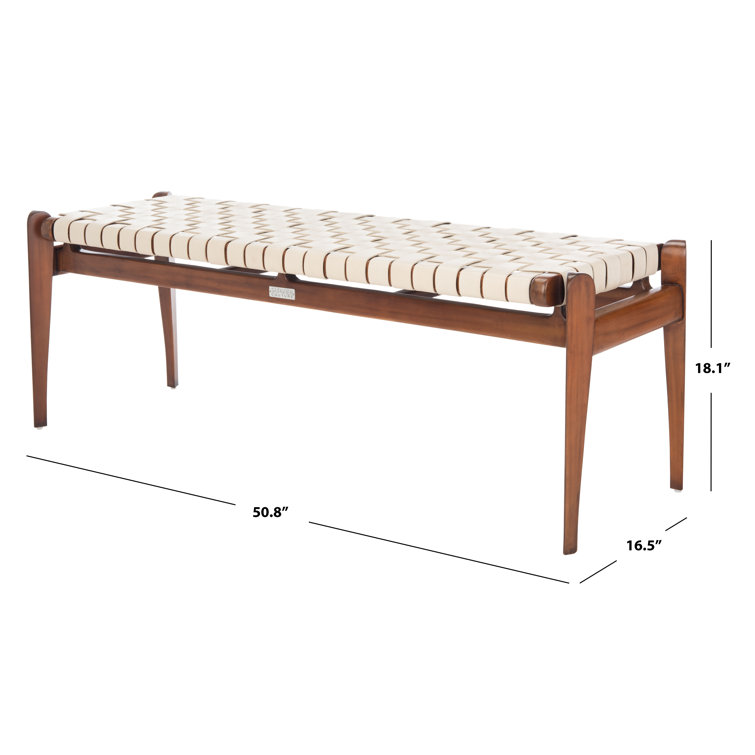 Dilan Sophisticated White Genuine Leather Bench with Mahogany Frame