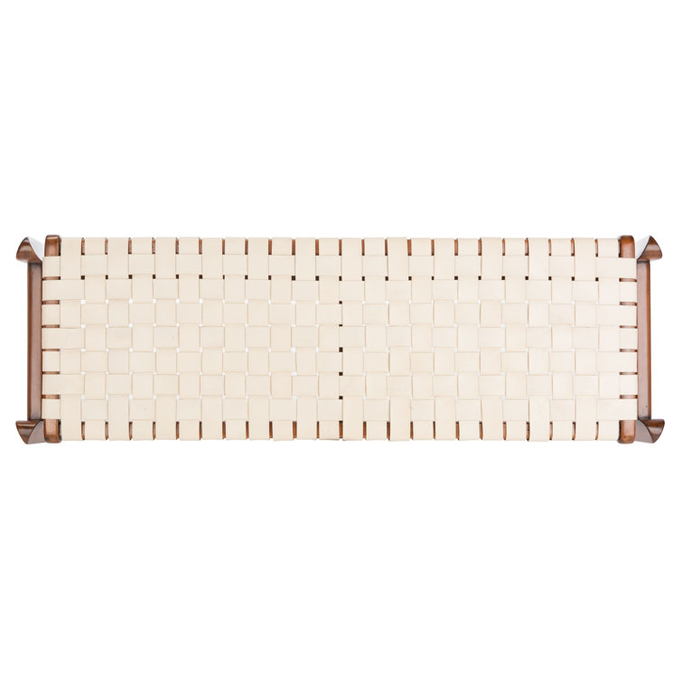 Dilan Sophisticated White Genuine Leather Bench with Mahogany Frame