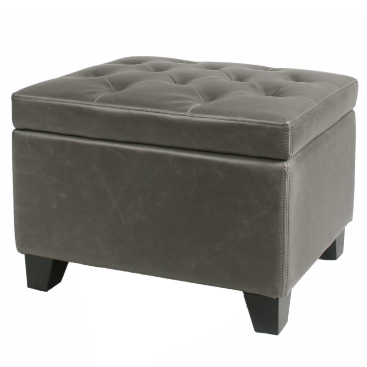 Vintage Gray Tufted Leather Storage Ottoman with Black Birch Legs