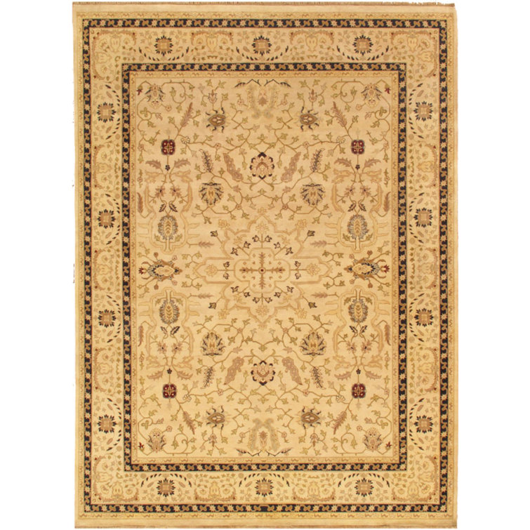 Elegant Camel and Black Hand-Knotted Wool Area Rug, 12'2" x 15'1"