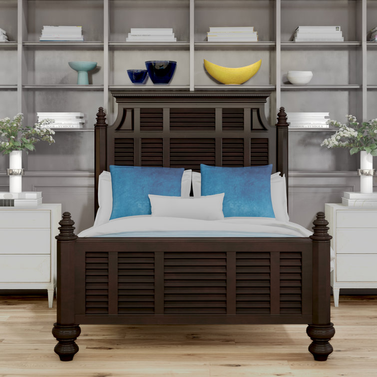 Queen-Sized Malabar Black Poster Bed with Upholstered Headboard