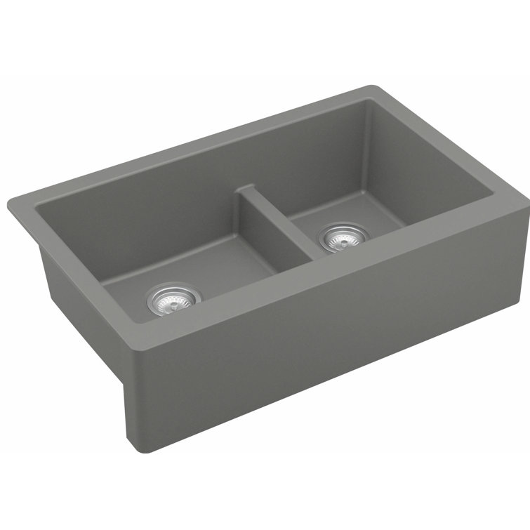 Gray Quartz Composite Farmhouse Double Bowl Kitchen Sink