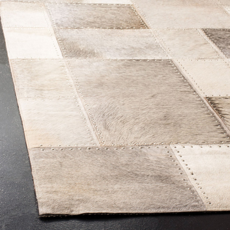 Gray Cowhide Hand-Knotted Geometric Square Area Rug