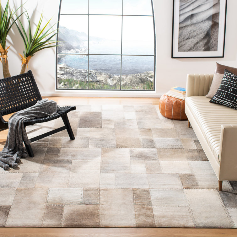 Gray Cowhide Hand-Knotted Geometric Square Area Rug