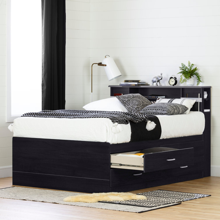 Black Onyx Full Captain Bed with Bookcase Headboard and Drawers