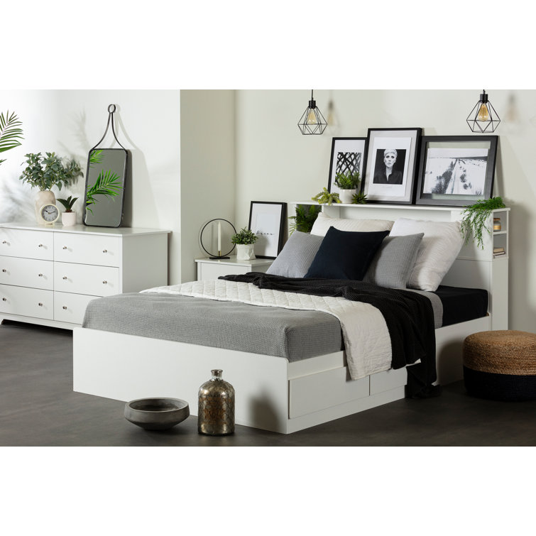 White Queen Platform Bed with Storage Drawers