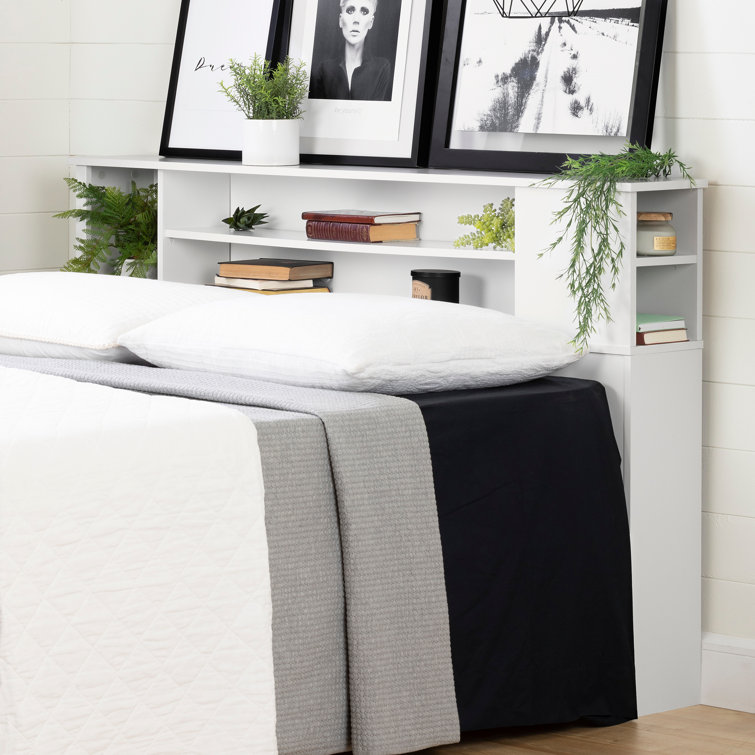 White Full/Queen Wood Bookcase Headboard with Storage