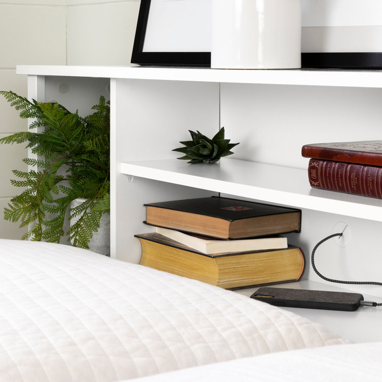 White Full/Queen Wood Bookcase Headboard with Storage