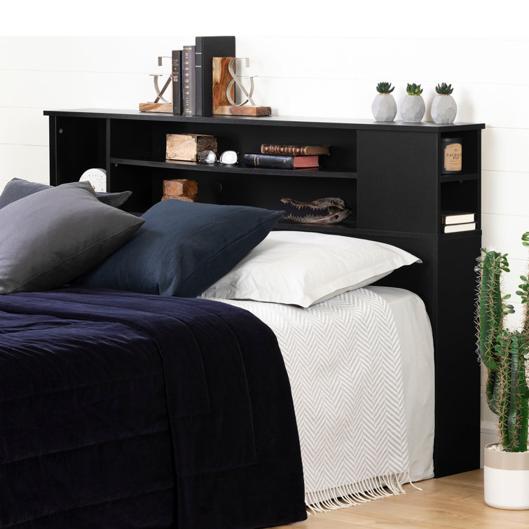 Black Full Wood Bookcase Headboard with Storage