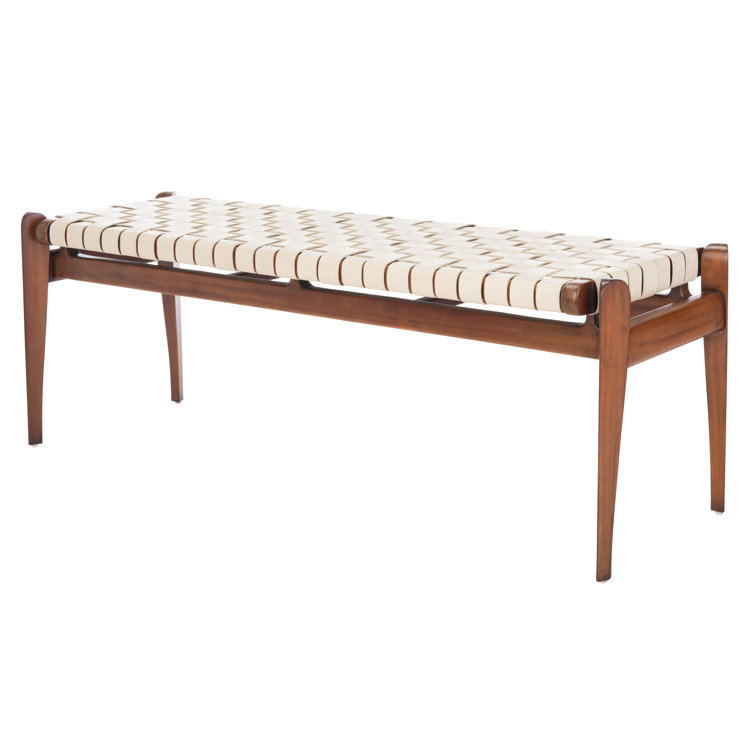 Dilan Sophisticated White Genuine Leather Bench with Mahogany Frame