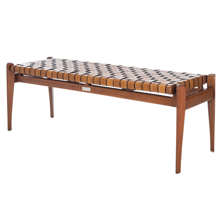 Dilan 48'' Mahogany Wood and Top Grade Leather Woven Bench - Brown