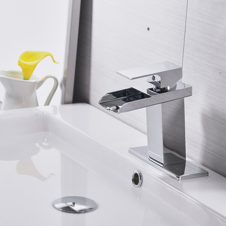 Chrome Waterfall Single-Hole Bathroom Faucet with Drain Assembly