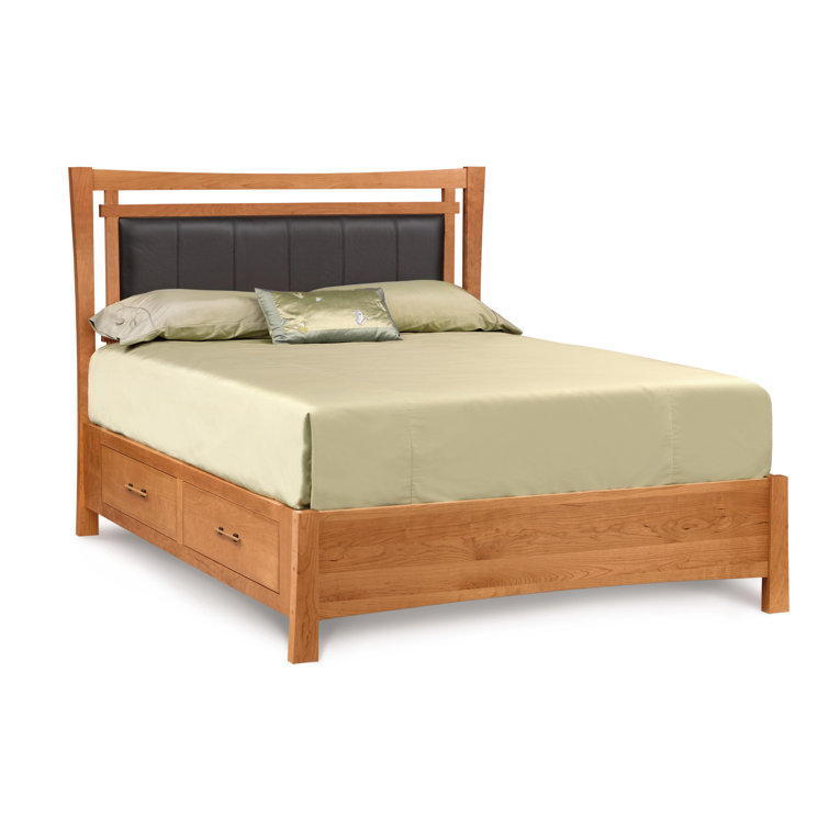 Queen Sand Microfiber Upholstered Storage Bed with Natural Wood Frame