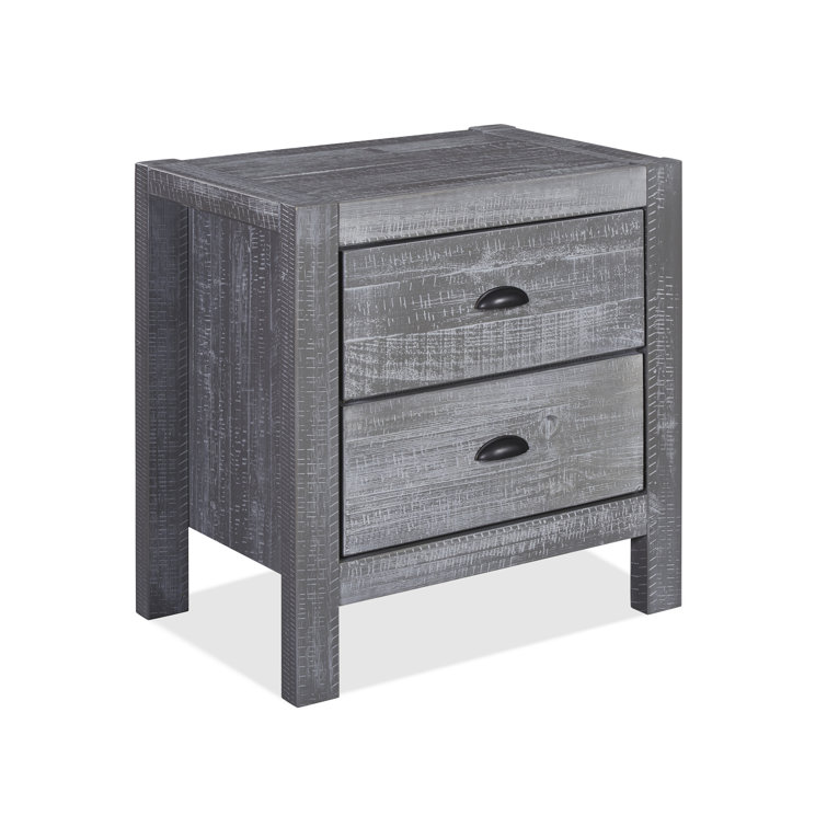 Rustic Grey Pine Wood 2-Drawer Nightstand with Black Metal Handles