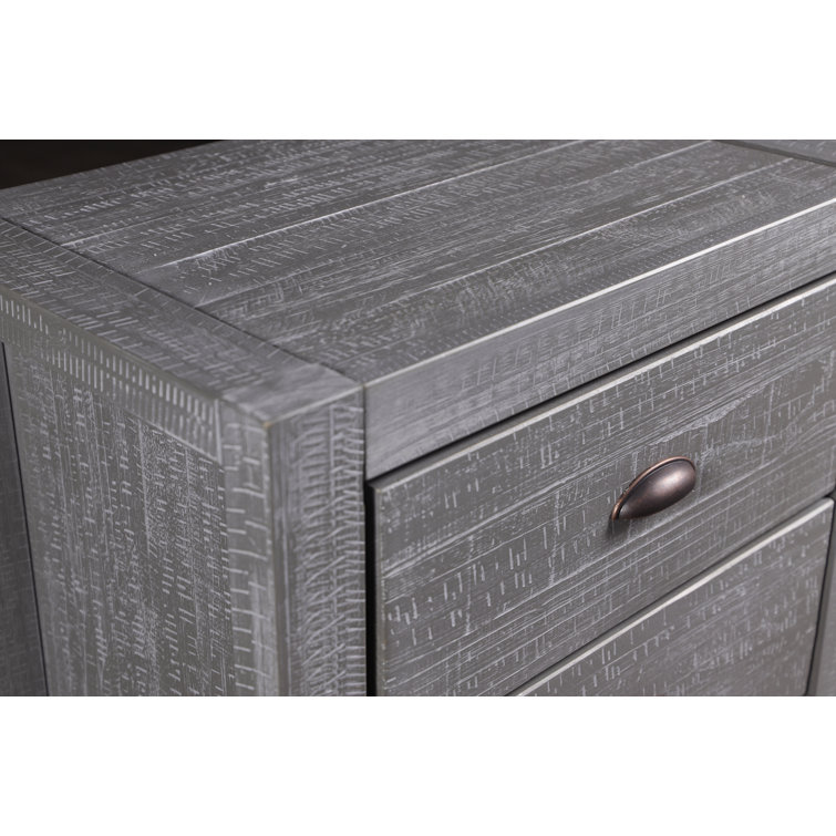 Rustic Grey Pine Wood 2-Drawer Nightstand with Black Metal Handles
