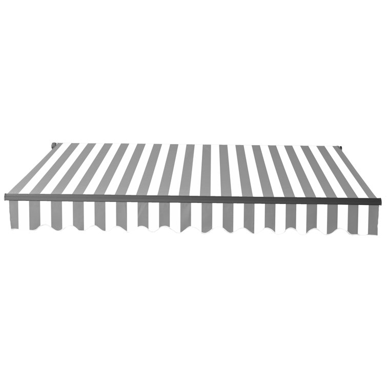 Gray and White Striped Retractable Patio Awning with Black Frame