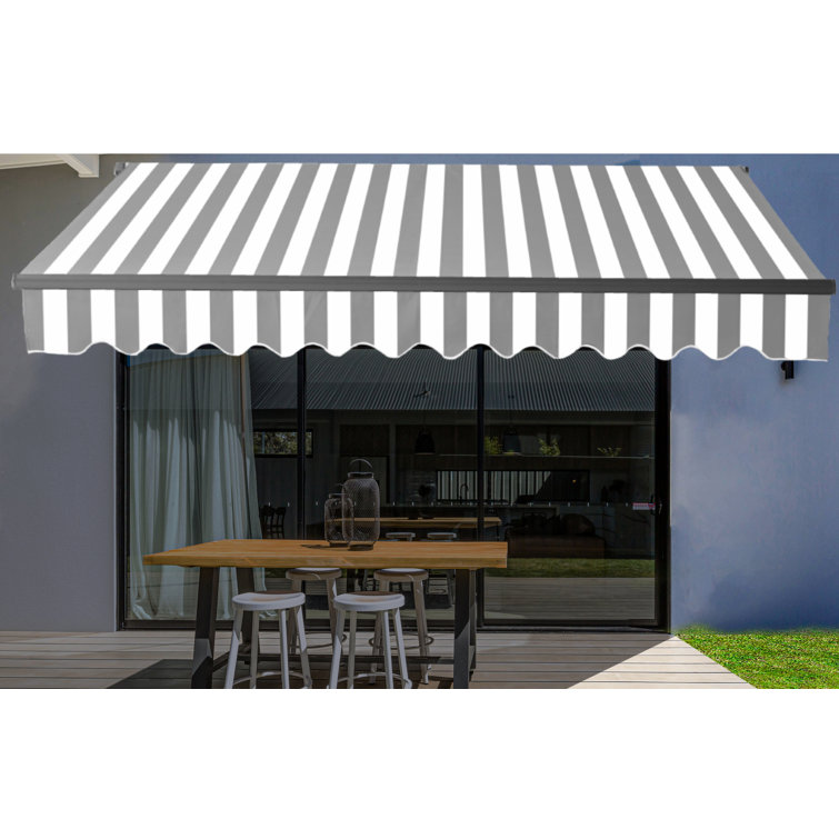 Gray and White Striped Retractable Patio Awning with Black Frame