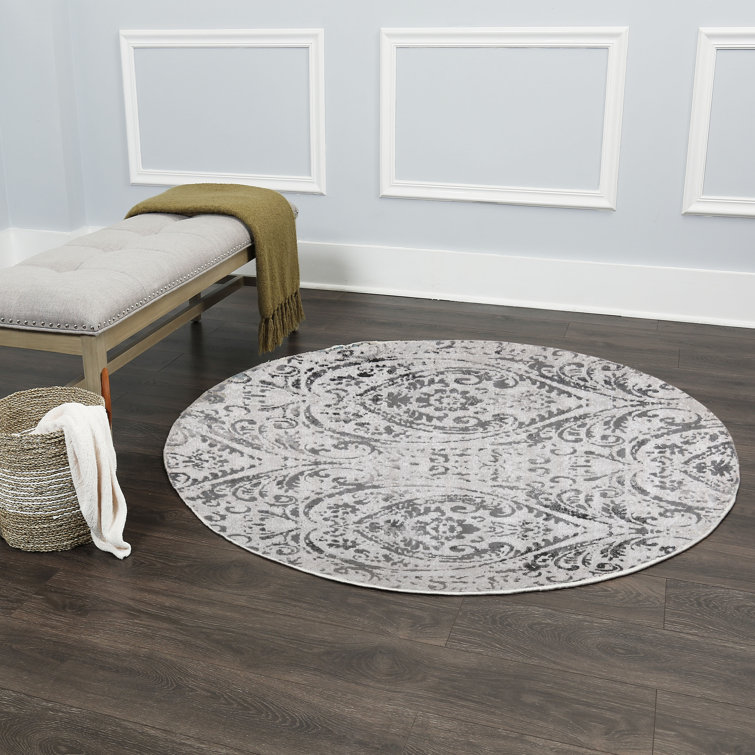 Ivory and Grey Round Synthetic Paisley Area Rug