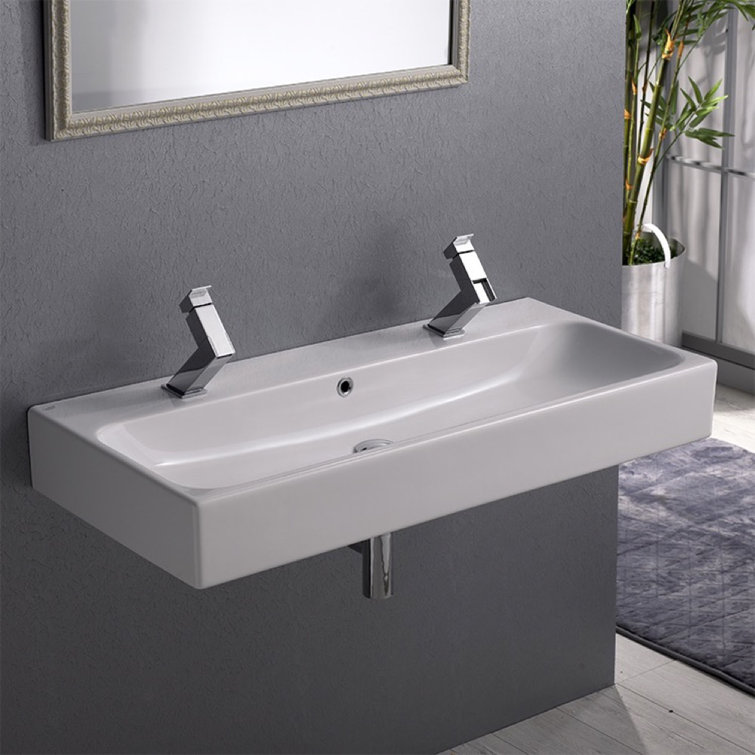 Modern White Ceramic Wall-Mount Bathroom Sink with Overflow