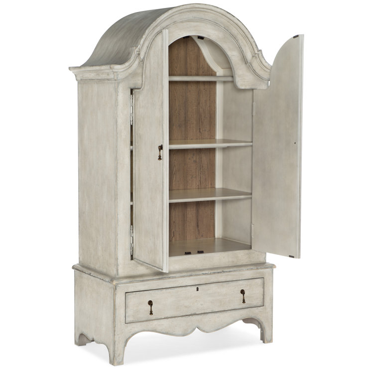 Distressed White French Country Armoire with Shelves and Drawer