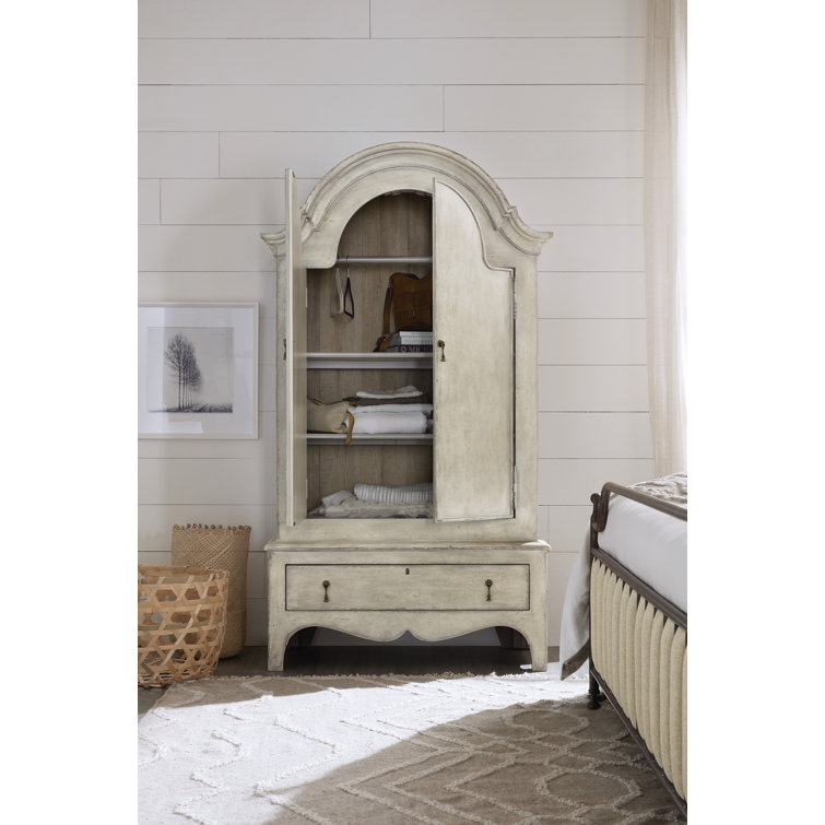 Distressed White French Country Armoire with Shelves and Drawer