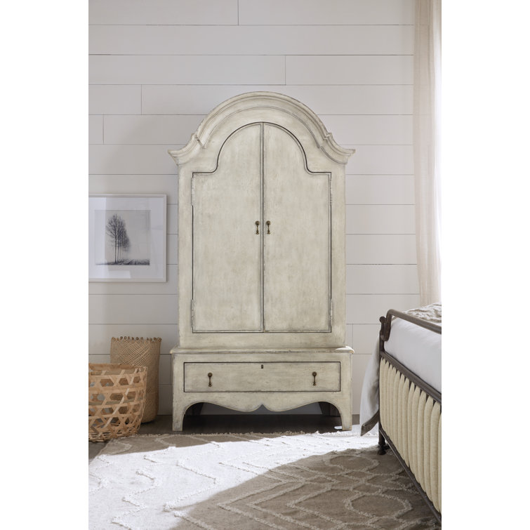 Distressed White French Country Armoire with Shelves and Drawer