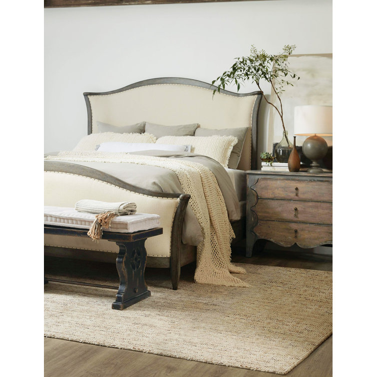72'' Beige and Black Upholstered Bench with Brass Accents