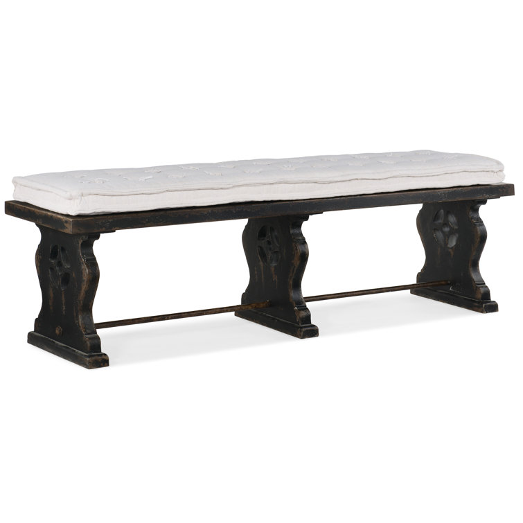 72'' Beige and Black Upholstered Bench with Brass Accents