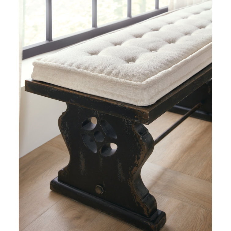 72'' Beige and Black Upholstered Bench with Brass Accents