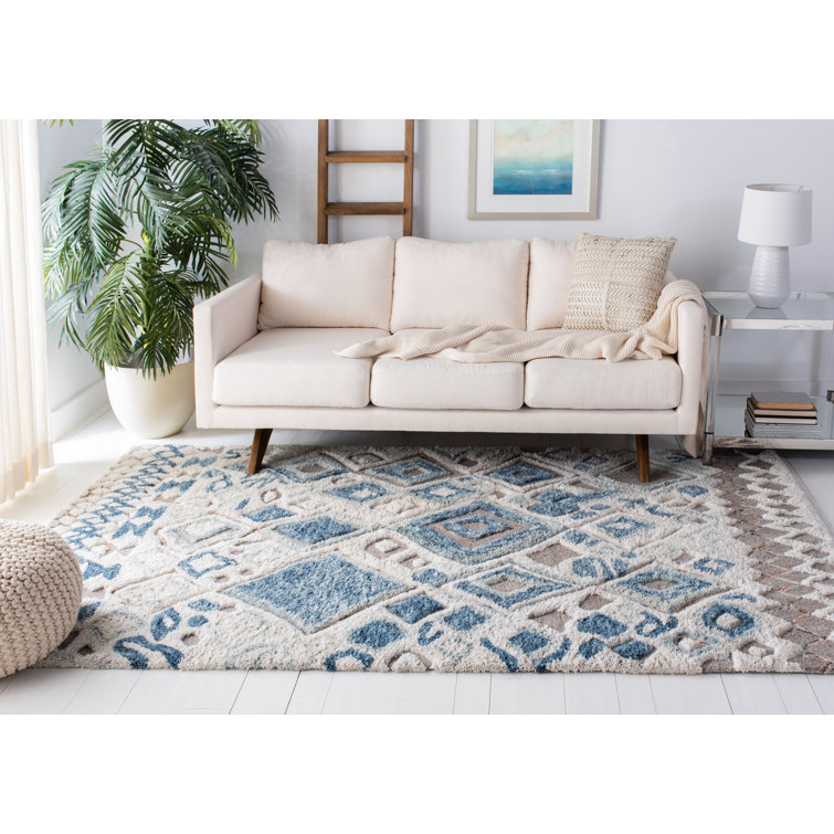 Beige and Navy Hand-Tufted Wool Moroccan Shag Rug 5' x 8'