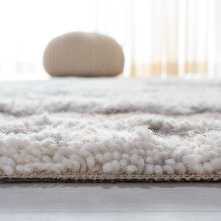 Beige and Navy Hand-Tufted Wool Moroccan Shag Rug 5' x 8'