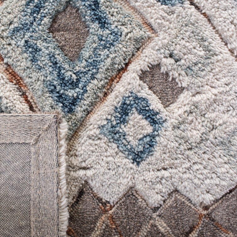 Beige and Navy Hand-Tufted Wool Moroccan Shag Rug 5' x 8'