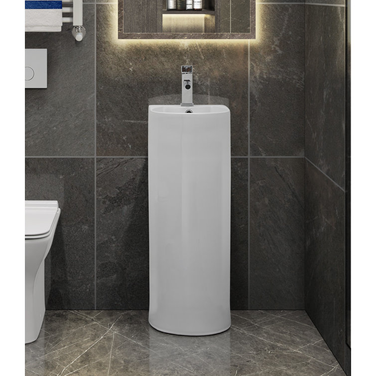 White Glossy Ceramic Pedestal Bathroom Sink
