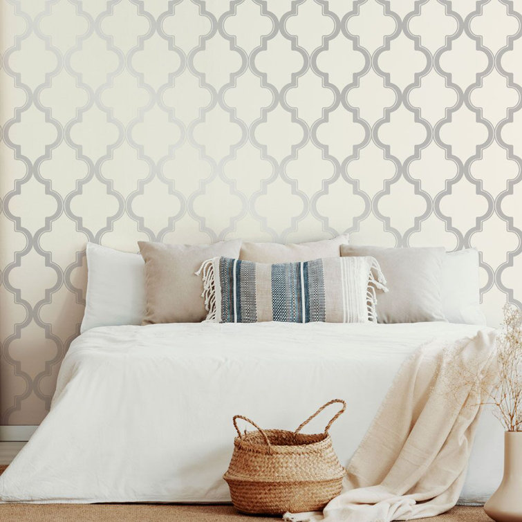 Cream and Metallic Silver Vinyl Peel and Stick Wallpaper Roll