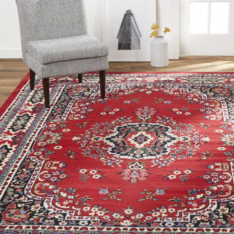 Red and Cream Synthetic Oriental Area Rug, 5'2" x 7'4"
