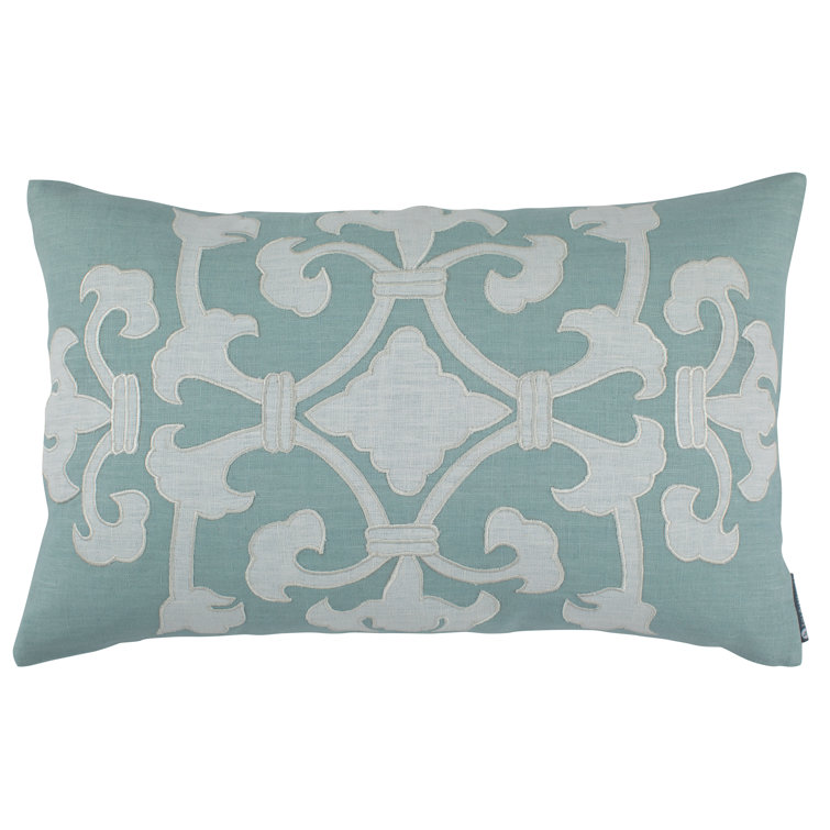 Spa Linen and White Appliqué Rectangular Lumbar Pillow