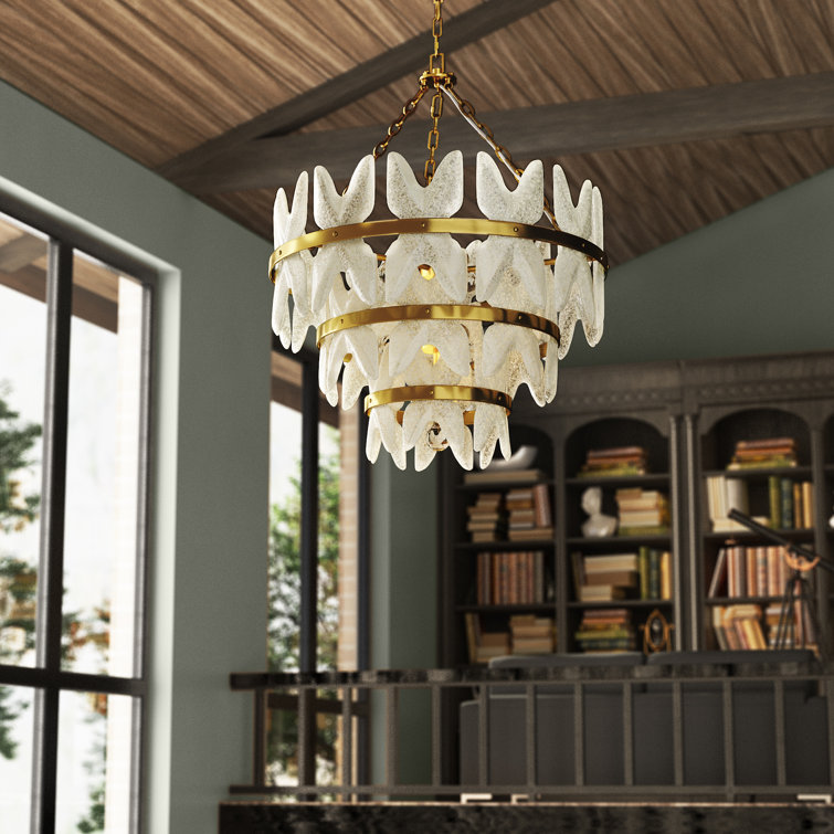 Antique Brass 36" Outdoor Chandelier with Seeded Glass Plates