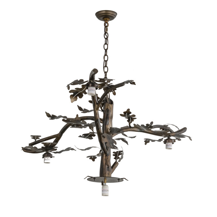 Acorn Branch Beige Art Glass Chandelier in Antique Copper Finish