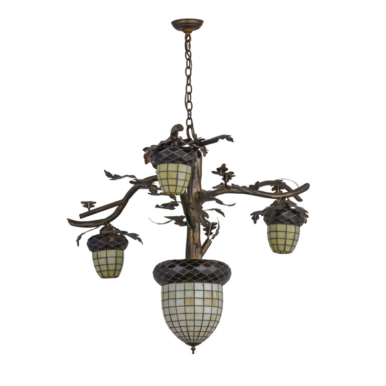 Acorn Branch Beige Art Glass Chandelier in Antique Copper Finish