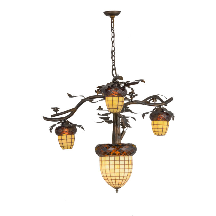 Acorn Branch Beige Art Glass Chandelier in Antique Copper Finish