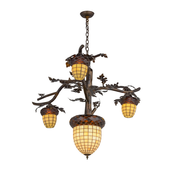 Acorn Branch Beige Art Glass Chandelier in Antique Copper Finish