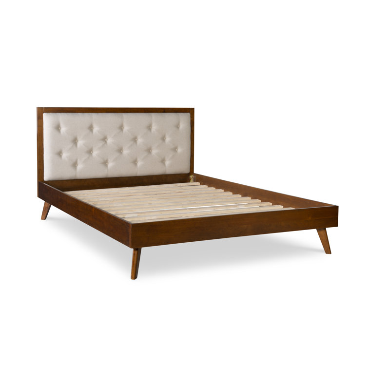 Mid-Century Modern Oatmeal King Bed with Tufted Upholstery