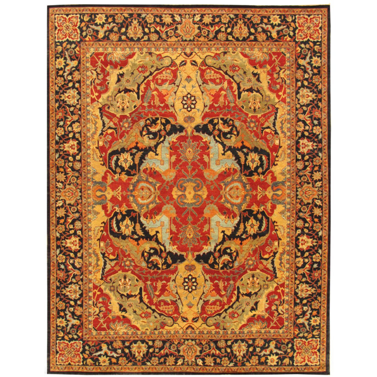 Hand-Knotted Rust Orange and Navy Wool Area Rug 2' x 3'