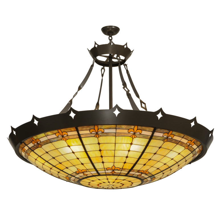 Elegant Fleur-de-Lite 10-Light Amber Glass & Timeless Bronze Pendant